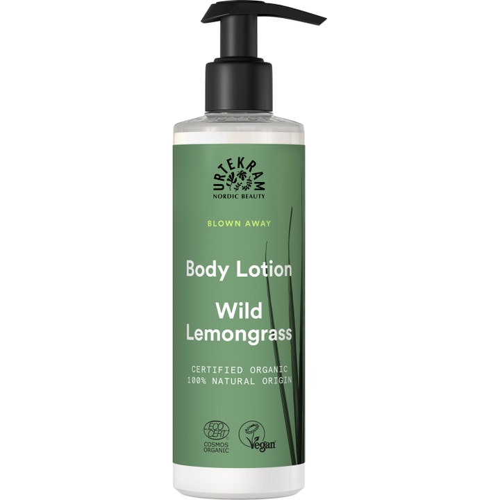 Urtekram Wild Lemongrass Body Lotion on kosteuttava vartalovoide vihreässä pakkauksessa jossa on musta pumppu.