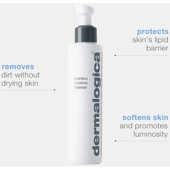 Dermalogica Intensive Moisture Cleanser Duo 2x150 ml kosteuttava puhdistusaine valkoisessa pumppupullossa pehmentää ihoa.