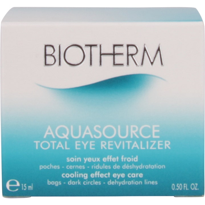 Biotherm Aquasource Total Eye Revitalizer 15 ml viilentävä silmänympärysvoide valkoisessa ja turkoosissa pakkauksessa.