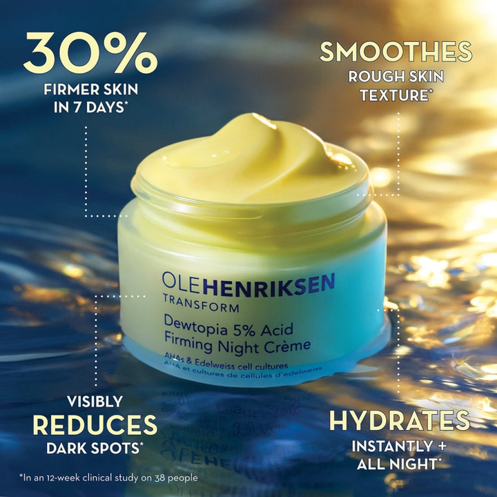 Ole Henriksen Dewtopia 5% Acid Firming Night Crème 50 ml kiinteyttävä yövoide silottaa ihoa veden päällä.