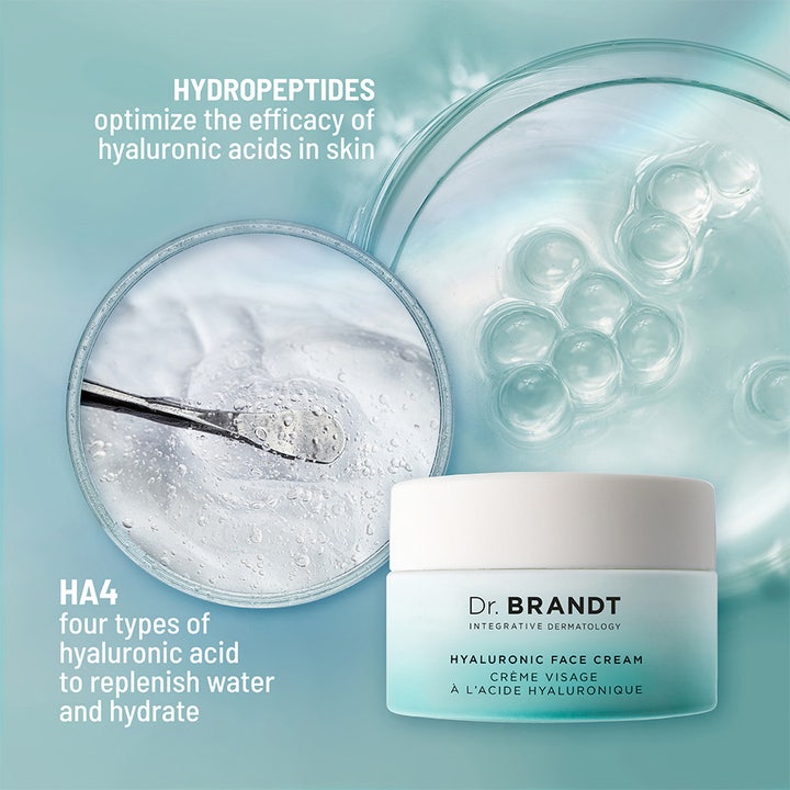 Dr Brandt Hyaluronic Face Cream 50 g kosteuttava kasvovoide hyaluronihapolla ja hydropeptideillä lähikuvassa.