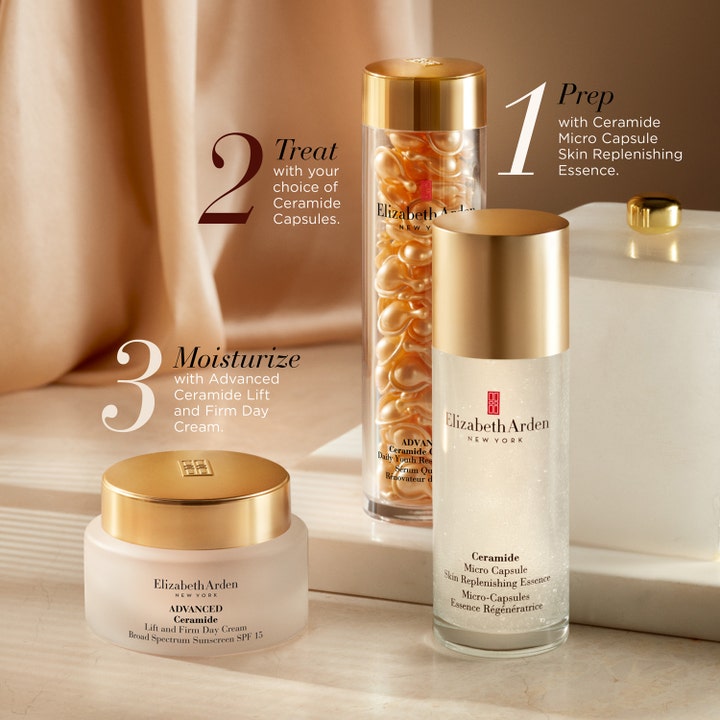 Elizabeth Arden Ceramide Lift & Firm Day Cream 50 ml kiinteyttävä päivävoide kultakantisessa purkissa osana rutiinia.