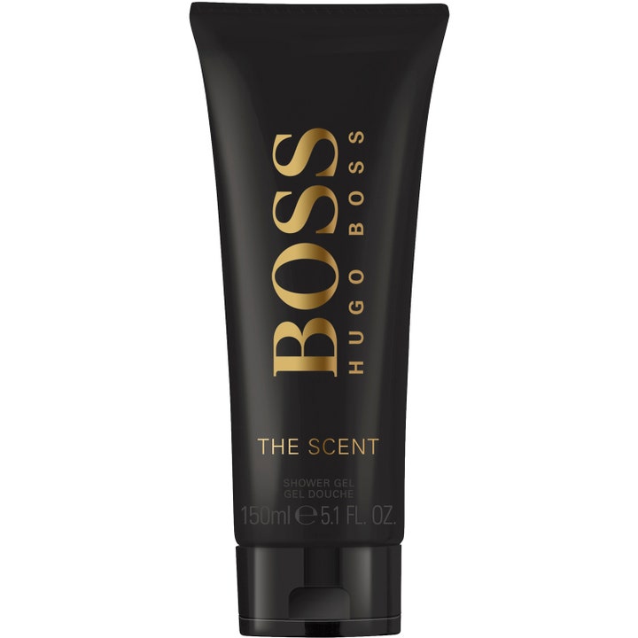 Hugo Boss The Scent 150 ml puhdistava suihkugeeli tyylikkäässä mustassa tuubissa kultaisilla yksityiskohdilla.