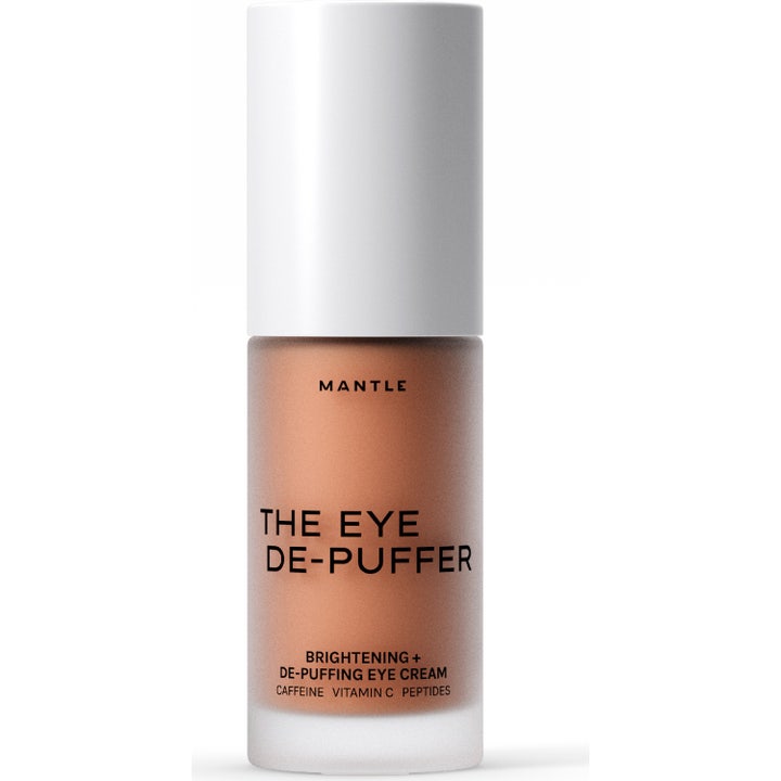 Mantle The Eye De-Puffer kirkastava ja turvotusta vähentävä silmänympärysvoide huurteisessa lasipullossa.