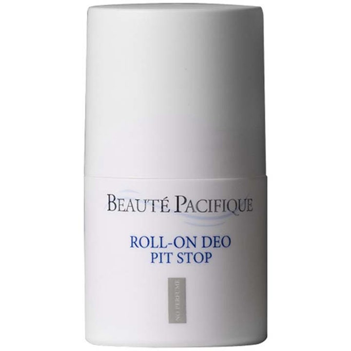 Beauté Pacifique Pit Stop Roll-on Deo hajusteeton deodorantti hillitsee hikoilua valkoisessa muovipullossa.