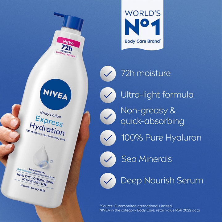 NIVEA Express Hydration Body Lotion 400 ml syväkosteuttava vartalovoide antaa 72h kosteutuksen kätevässä pumppupullossa.
