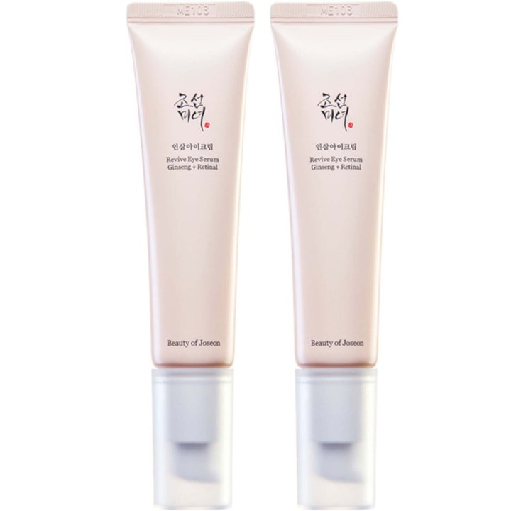 Beauty of Joseon Revive Eye Serum 30 ml uudistava silmänympärysseerumi silottaa ryppyjä kaksi vaaleanpunaista tuubia.