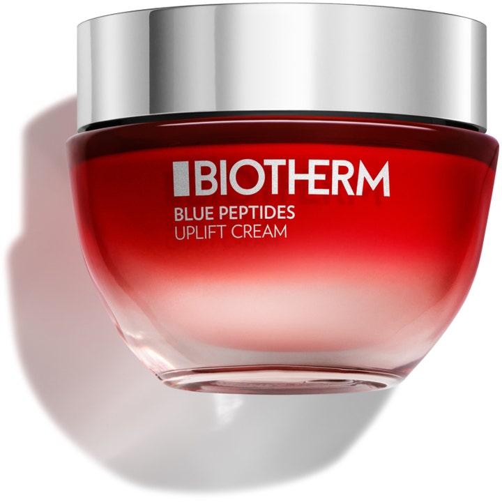Biotherm Blue Peptides Uplift Cream 50 ml kiinteyttävä kasvovoide punaisessa liukuvärjätyssä lasipurkissa hopeisella korkilla