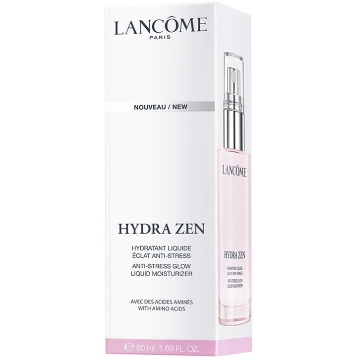 Lancôme Hydra Zen Liquid Moisturizer 50 ml heleyttävä kasvovoide valkoisessa pakkauksessa ja pinkissä pumppupullossa.
