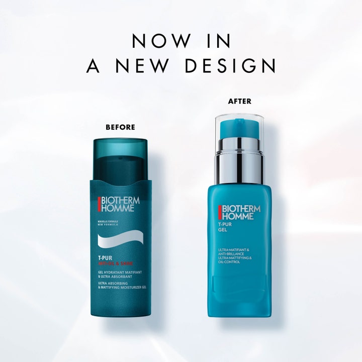 Biotherm T-Pur Anti Oil & Shine Gel 50 ml mattapintainen kasvovoide vertailussa uusi ja vanha pakkaus hopeisella pumpulla