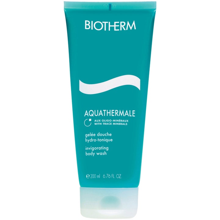 Biotherm Aquathermale 200 ml virkistävä suihkugeeli turkoosissa tuubissa jossa on valkoinen aaltokuvio ja kirkas korkki
