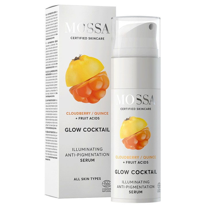 Mossa Glow Cocktail Illuminating Anti-pigmentation Serum kirkastava seerumi valkoisessa pumppupullossa ja rasiassa.