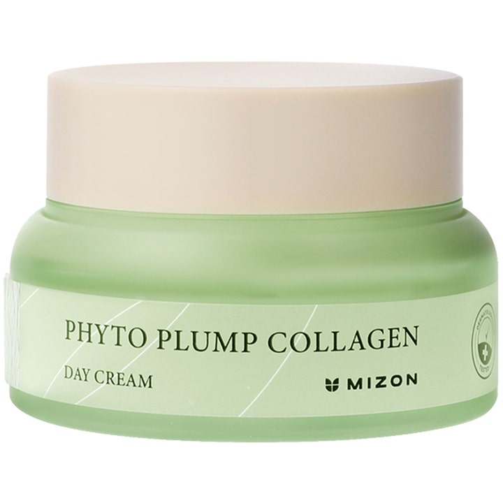 Mizon Phyto Plump Collagen Day Cream 50 ml kiinteyttävä päivävoide vihreässä huurteisessa lasipurkissa vaalealla kannella.