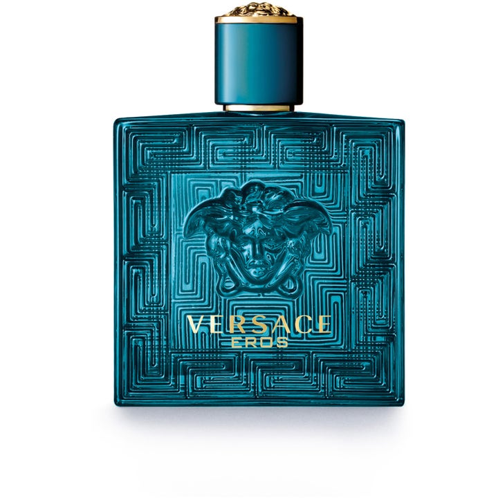 Versace Eros miesten tuoksu turkoosissa lasipullossa, jossa on Medusa-kohokuvio ja kultaisia yksityiskohtia.