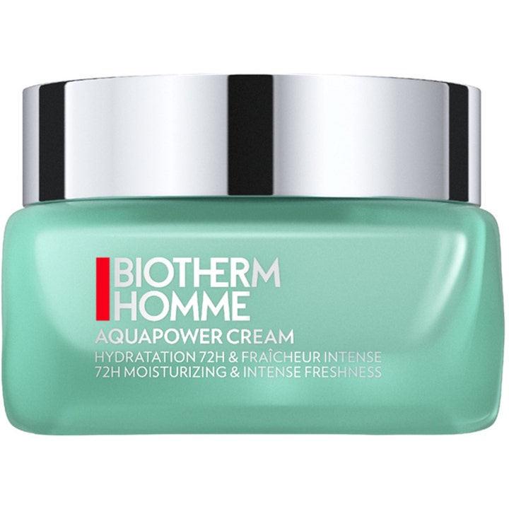 Biotherm Homme Aquapower Cream 72h kosteuttava kasvovoide raikkaassa turkoosissa purkissa hopeisella korkilla.