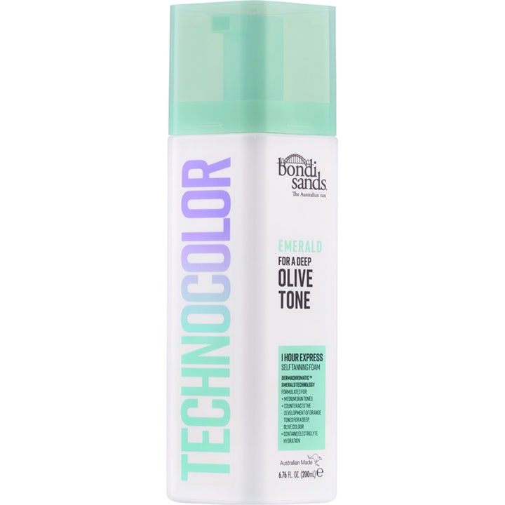 Bondi Sands Technocolor Emerald 200 ml itseruskettava vaahto valkoisessa pullossa mintunvihreällä korkilla.