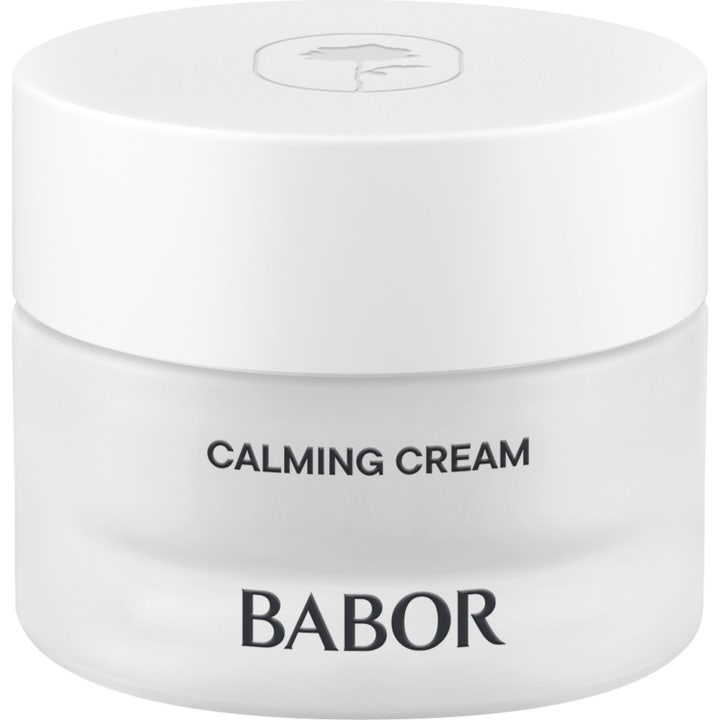 Babor Skinovage Calming Cream rauhoittava kasvovoide huurteisessa lasipurkissa valkoisella korkilla rauhoittaa herkkää ihoa.