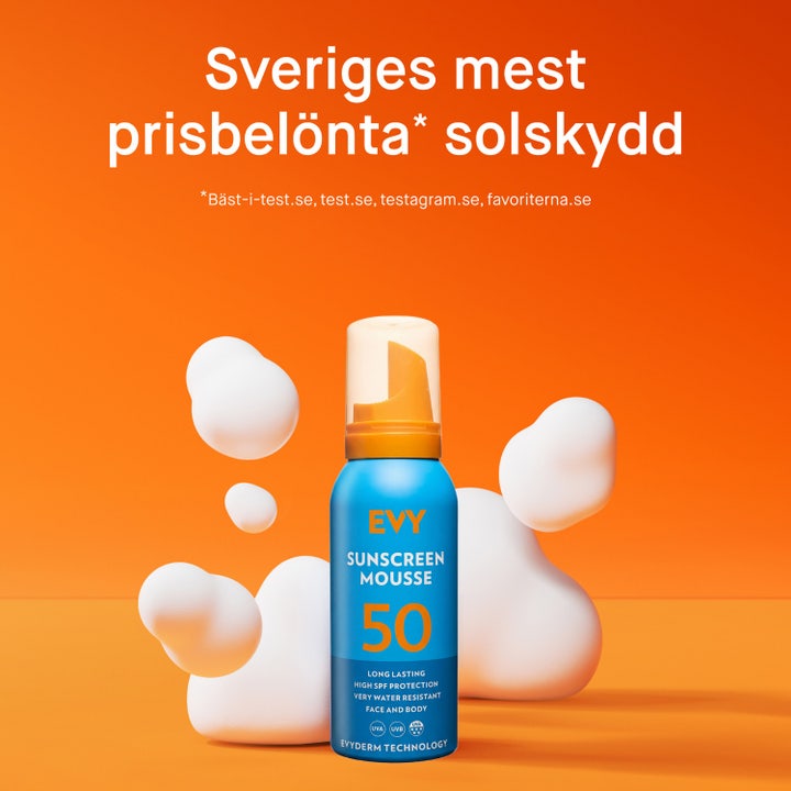 EVY Technology Sunscreen Mousse SPF50 100 ml aurinkovoide infografiikka suojaavasta ja kosteuttavasta kalvoteknologiasta