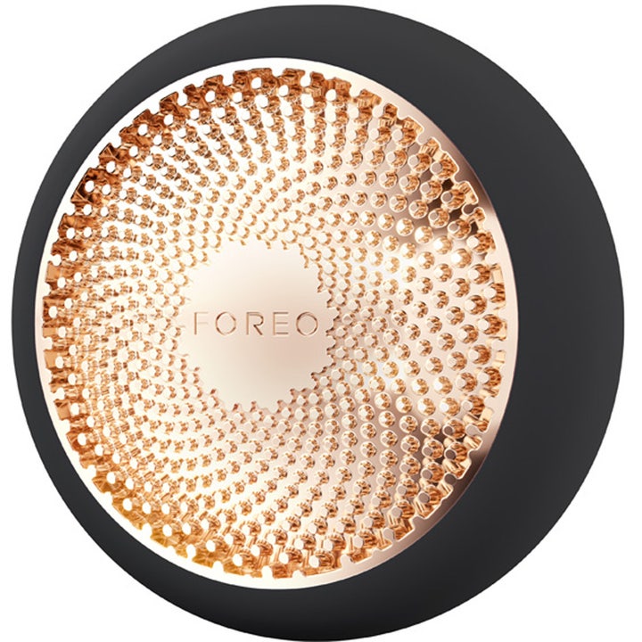 FOREO UFO 3 Black 1 kpl syväkosteuttava kasvohoitolaite mustalla silikonikuorella ja ruusukultaisella metallipinnalla