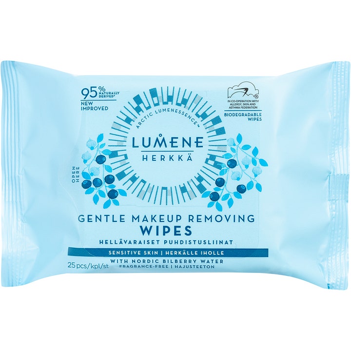 Lumene Herkkä Gentle Makeup Removing Wipes 25 kpl puhdistusliinat herkälle iholle vaaleansinisessä mustikkapakkauksessa