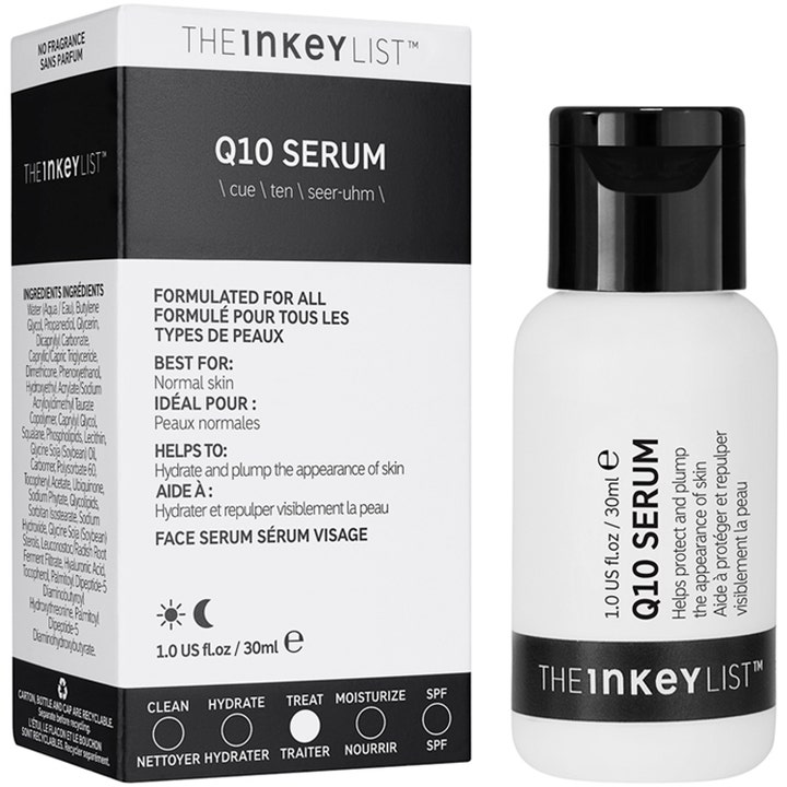 The INKEY List Q10 Serum 30 ml suojaava kasvoseerumi valkoisessa pullossa ja mustavalkoisessa pakkauksessa.