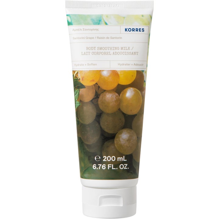 Korres Santorini Grape Body Smoothing Milk 200 ml kosteuttava vartalomaito valkoisessa tuubissa jossa on viinirypäleitä