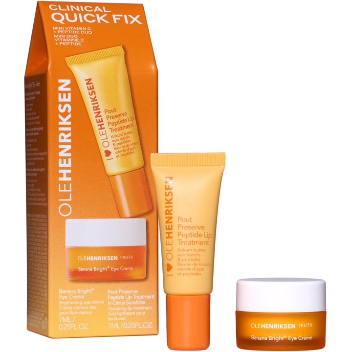 Olehenriksen Clinical Quick Fix 7ml + 7ml kirkastava setti jossa on oranssi huulivoidetuubi ja pieni valkokorkkinen purkki