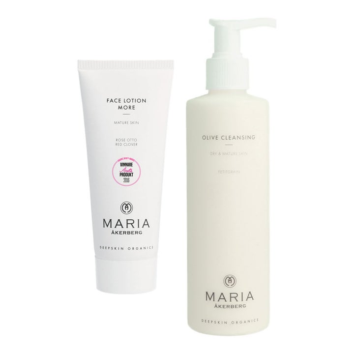 Maria Åkerberg Face Lotion More ja Olive Cleansing ihonhoitotuotteet valkoisessa tuubissa ja pumppupullossa.