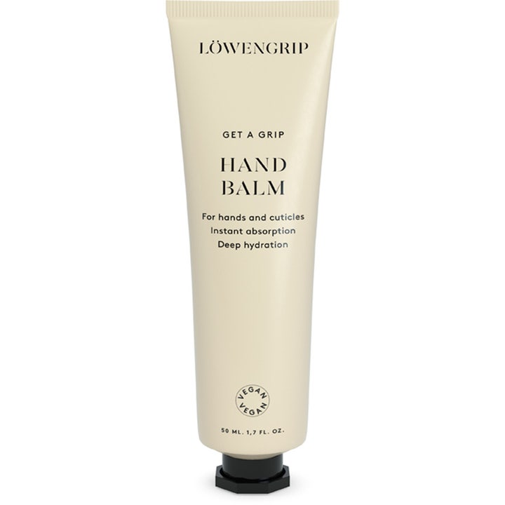 Löwengrip Get A Grip Hand Balm 50 ml syväkosteuttava käsivoide vaaleassa tuubissa mustalla korkilla