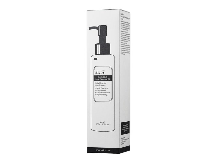 Klairs Gentle Black Cleansing Oil 150 ml vegaaninen puhdistusöljy valkoisessa pahvipakkauksessa mustalla pullokuvalla.