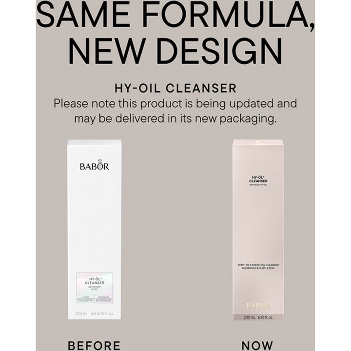 Babor HY-Öl Cleanser 200 ml puhdistusöljy näyttää pakkauksen päivityksen vanhasta keltaisesta uuteen vaaleaan pulloon.