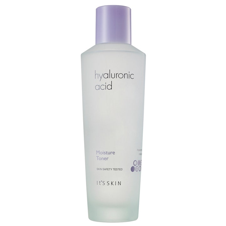 It'S SKIN Hyaluronic Acid Moisture Toner kosteuttava kasvovesi huurteisessa pullossa vaaleanliilalla korkilla.