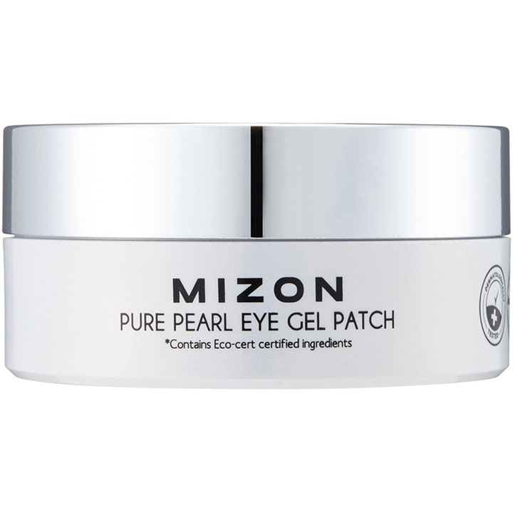 Mizon Pure Pearl Eye Gel Patch 60 kpl kirkastavat silmänympärysnaamiot valkoisessa purkissa hopeisella kannella