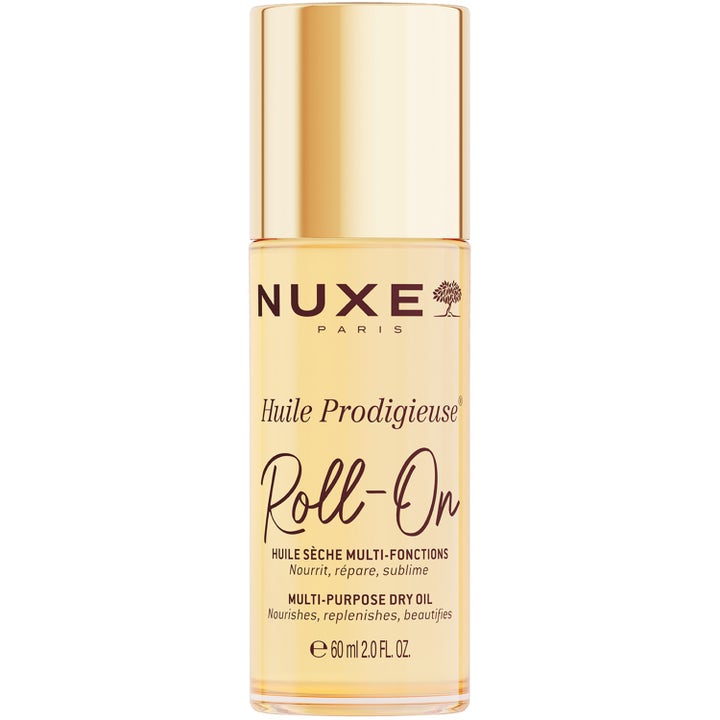 Nuxe Huile Prodigieuse 60 ml monikäyttöinen kuivaöljy roll-on-pullossa, jossa on kultainen korkki.