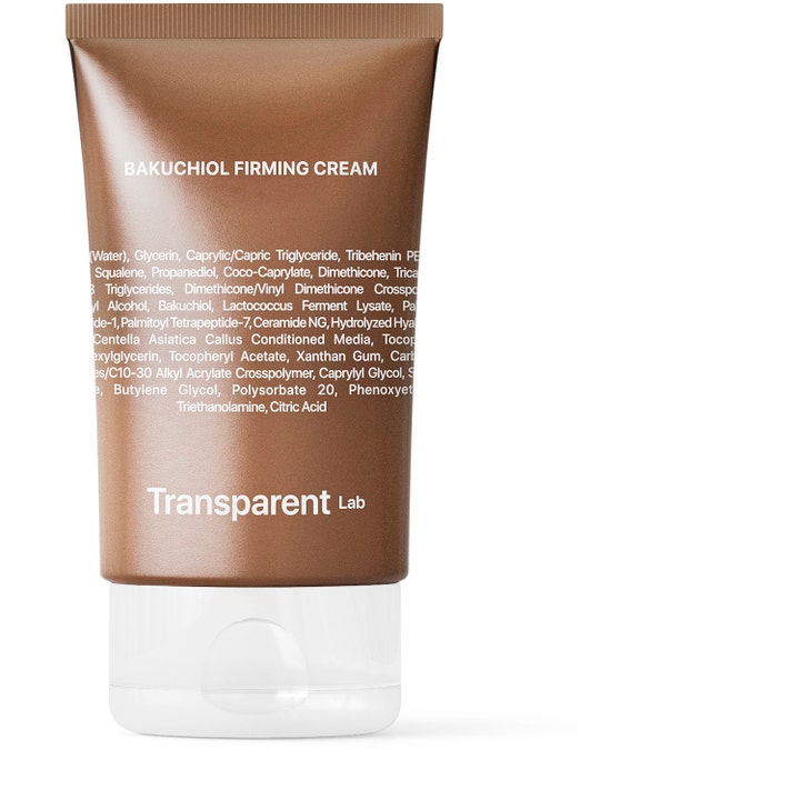 Transparent Lab Bakuchiol Firming Cream 50 ml kiinteyttävä kasvovoide ruskeassa tuubissa valkoisella korkilla.