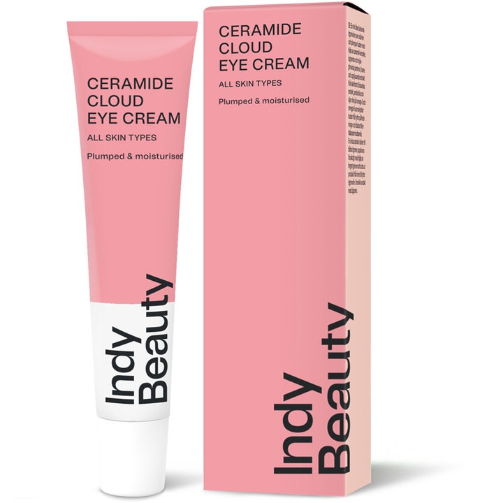 Indy Beauty Ceramide Cloud Eye Cream 15 ml kosteuttava silmänympärysvoide vaaleanpunaisessa tuubissa ja kotelossa.