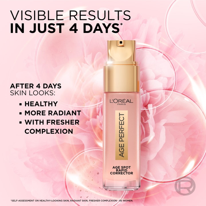 L'Oréal Paris Age Perfect Age Spot Rapid Corrector 30 ml kirkastava seerumi kultaisessa pullossa kukkataustalla.