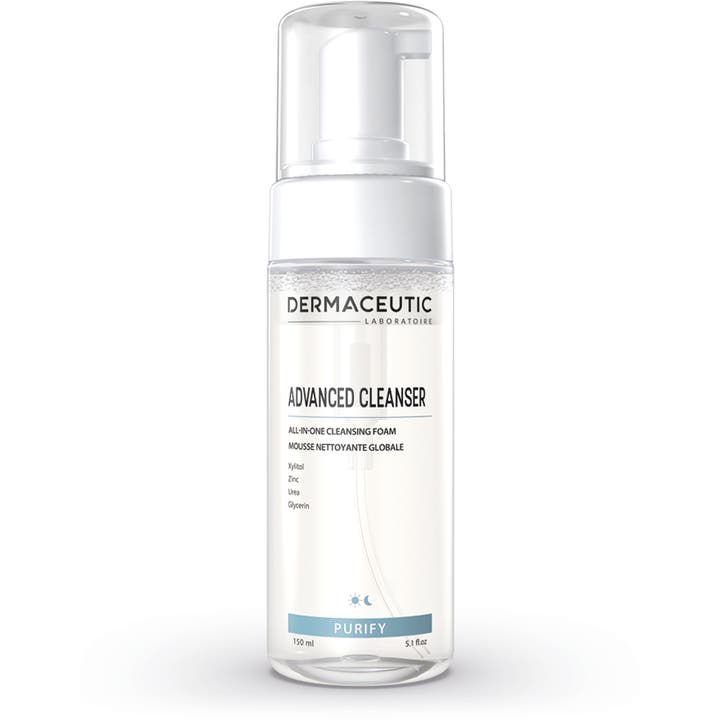 Dermaceutic Advanced Cleanser 150 ml syväpuhdistava puhdistusvaahto kirkkaassa pullossa, jossa on valkoinen pumppu.