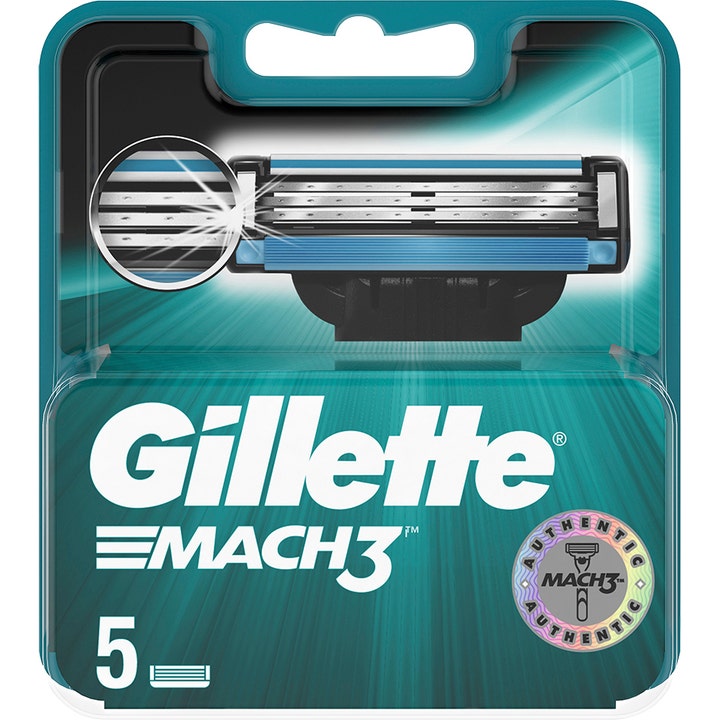 Gillette Mach3 5 kpl vaihtoterät tarkkaan parranajoon turkoosissa pakkauksessa lähikuvalla teräosasta.