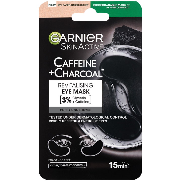 Garnier SkinActive Caffeine + Charcoal Revitalising Eye Mask 1kpl virkistävä silmänympärysnaamio turvotukseen mustassa pussissa.