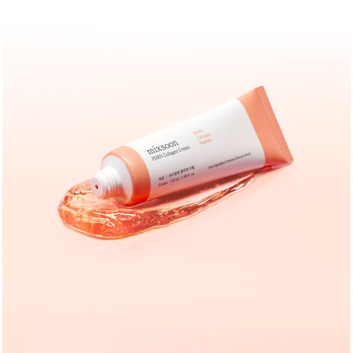 Mixsoon PDRN Collagen Cream 50 ml kiinteyttävä kasvovoide valkoisessa tuubissa, josta pursuaa oranssi geelikoostumus.