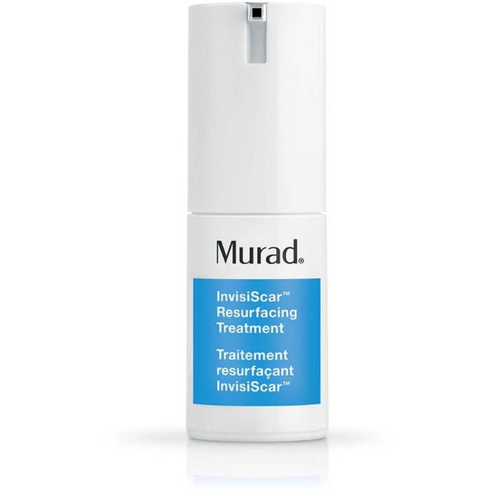 Murad InvisiScar Resurfacing Treatment 15 ml tasoittava hoitotuote valkoisessa pumppupullossa sinisellä etiketillä.