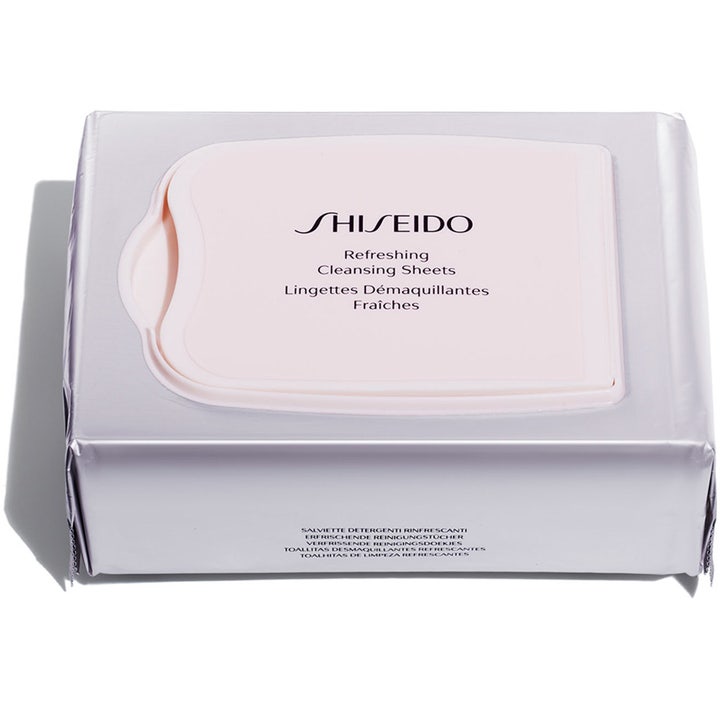 Shiseido Refreshing Cleansing Sheets 30 kpl puhdistusliinat raikastavassa vaaleanpunaisessa pakkauksessa.