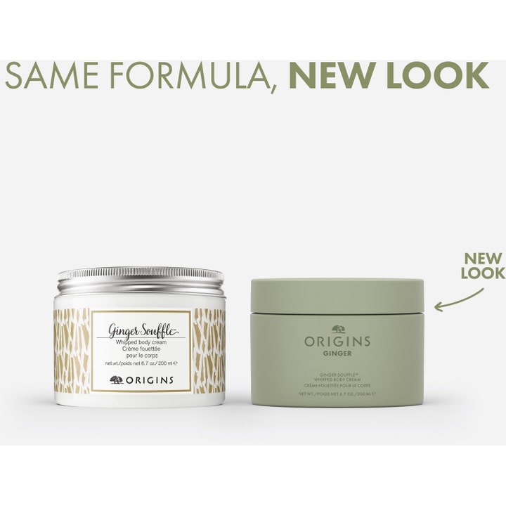 Origins Ginger Souffle 200 ml kosteuttava vartalovoide esittelee uuden mattapintaisen vihreän purkkimuotoilun.