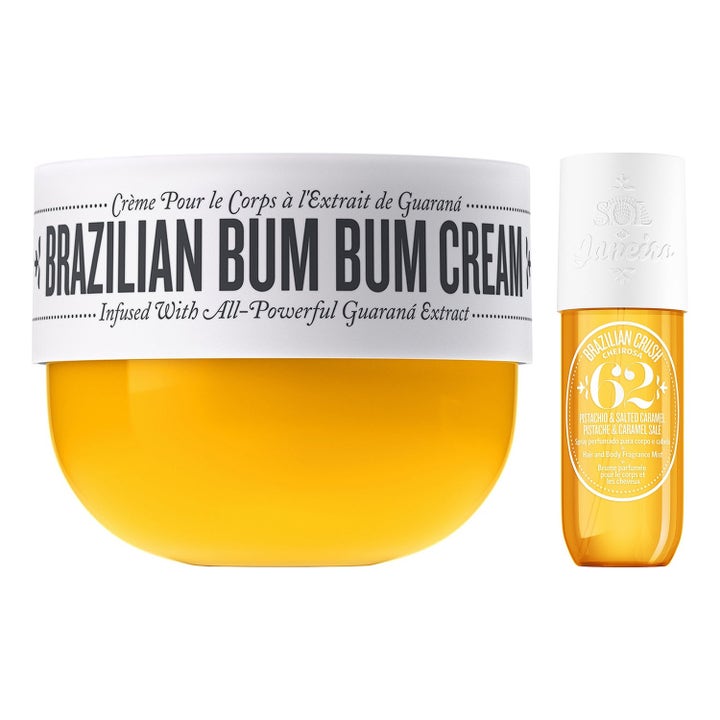 Sol de Janeiro Brazilian Bum Bum Cream ja Brazilian Crush 62 vartalonhoitosetti keltaisissa pakkauksissa.