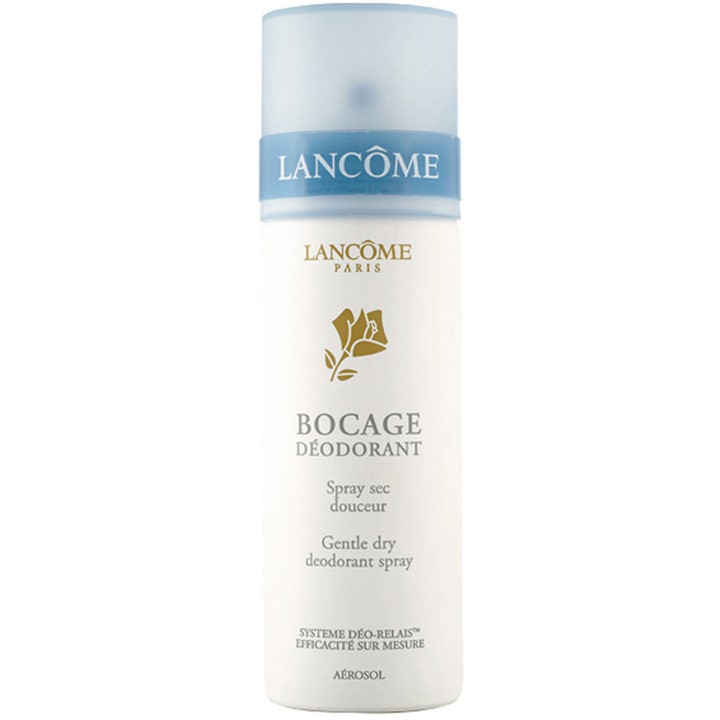 Lancôme Bocage 125 ml hellävarainen deodoranttisuihke valkoisessa pullossa, jossa on vaaleansininen korkki
