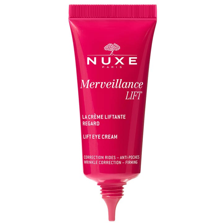 Nuxe Merveillance LIFT Eye Cream 15 ml silottaa ryppyjä ja kiinteyttää kirkkaanpunaisessa tuubissa kapealla kärjellä.