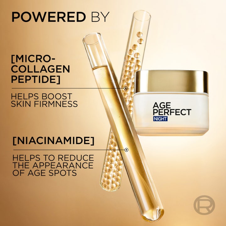 L'Oréal Paris Age Perfect Night Cream 50 ml kiinteyttävä yövoide niasiiniamidilla ja peptideillä lasipurkissa.