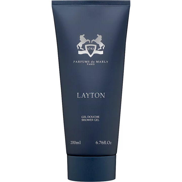 Parfums de Marly Layton 200 ml ylellinen suihkugeeli tyylikkäässä tummansinisessä tuubissa jossa hopeinen logo.