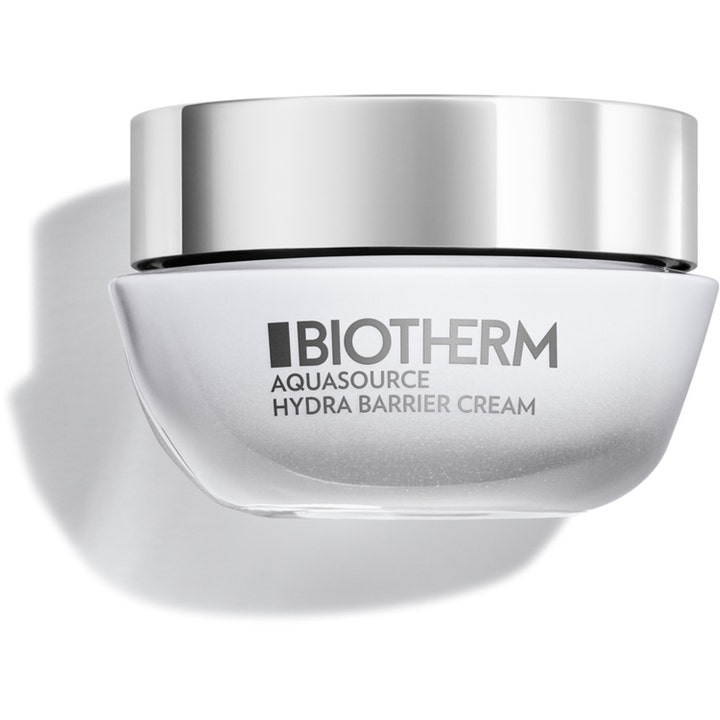 Biotherm Aquasource Hydra Barrier Cream 50 ml suojamuuria vahvistava kasvovoide valkoisessa lasipurkissa hopeisella korkilla